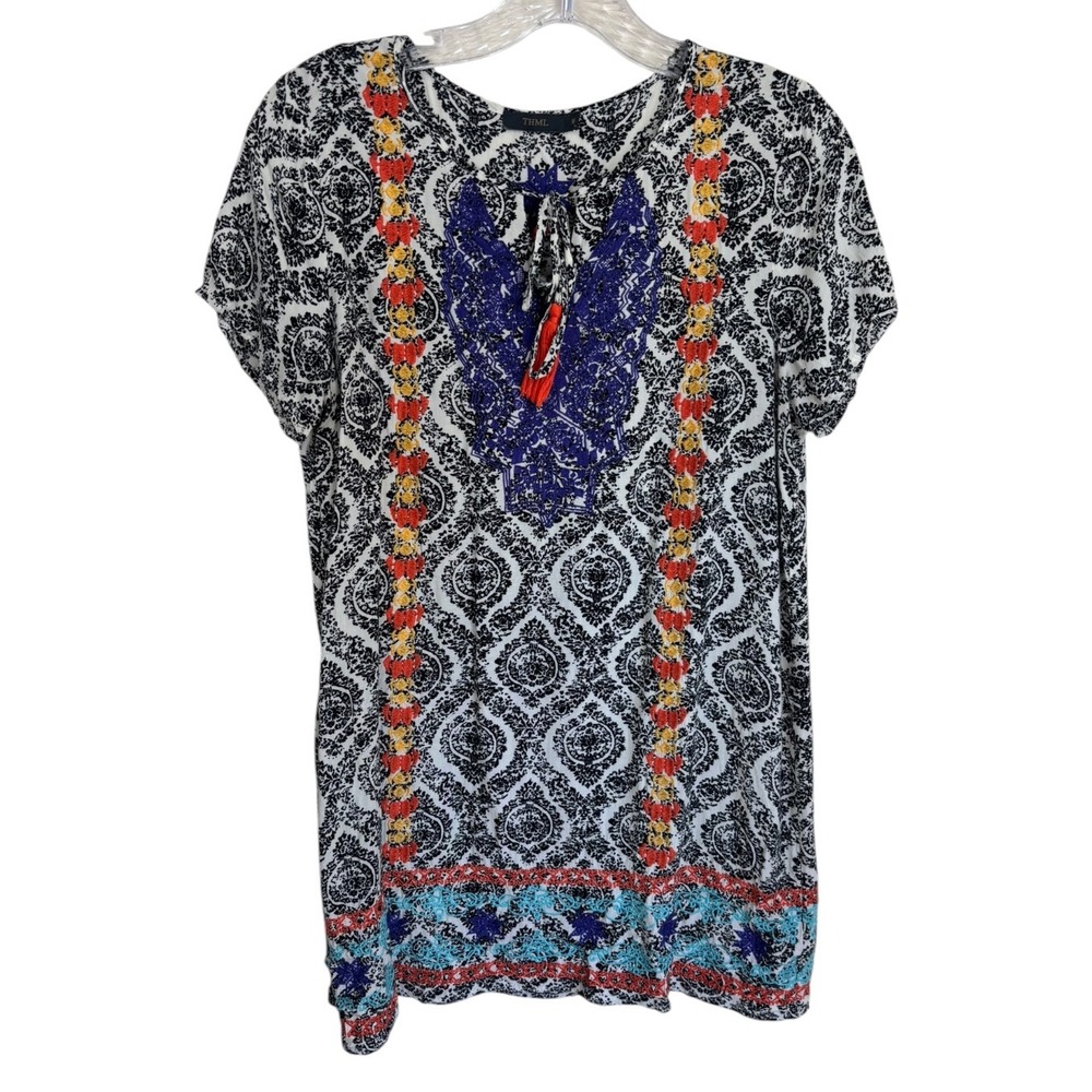 THML Embroidered Boho Shirt Dress Womens Medium Damask Paisley Tassel Peasant